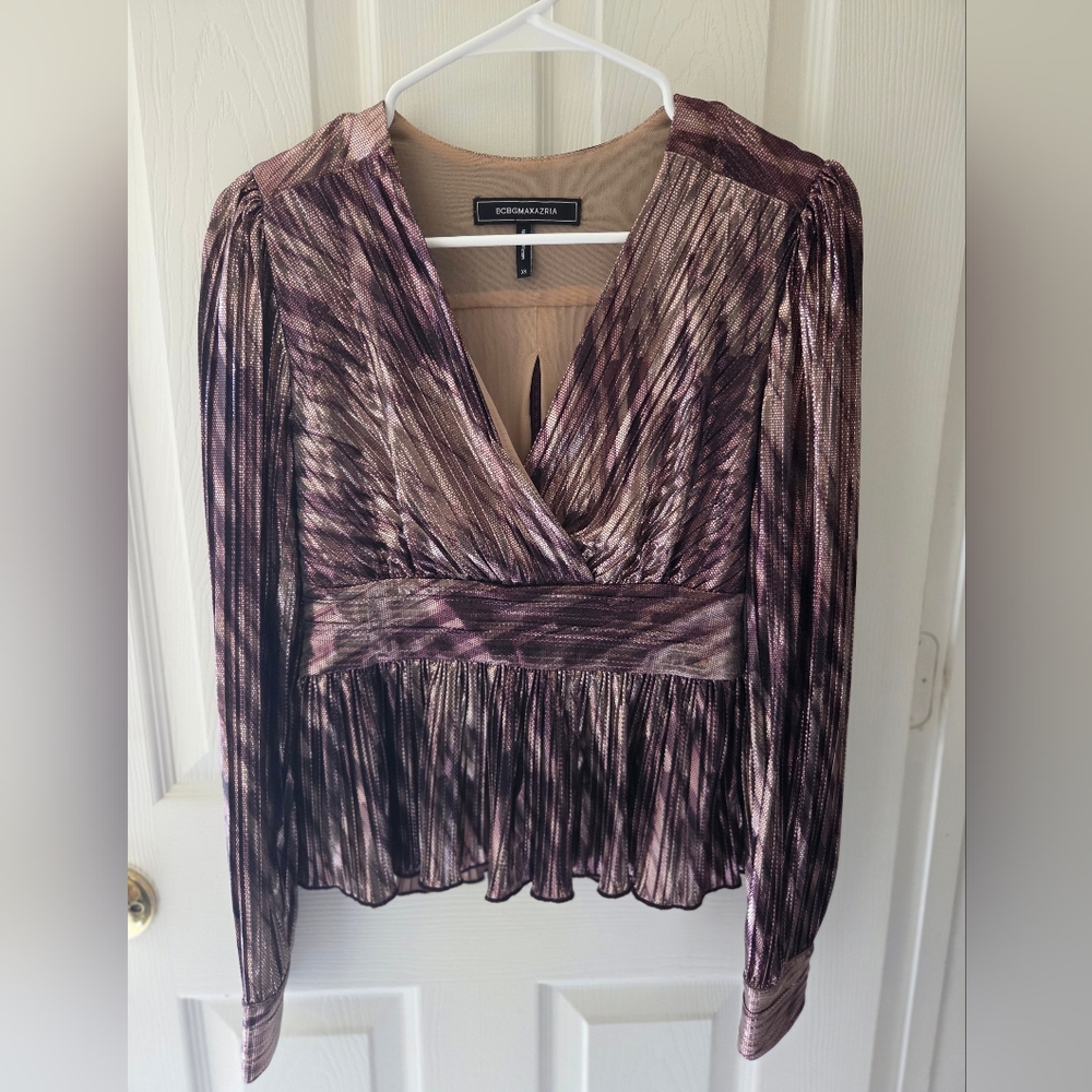BCBG Silky Copper/purple-ish and Black Patterned Top